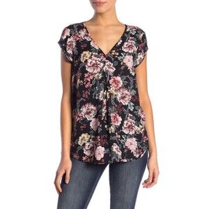 Halogen Short Sleeve V-Neck Top Light Weight Blouse In Navy Floral Size XS $79
